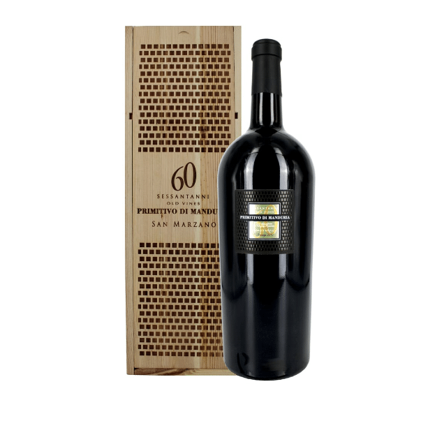 Cantine San Marzano Sessantanni Primitivo di Manduria DOP 6 l mit Holzkiste – edler Rotwein aus Apulien-italienische Feinkost Scarati